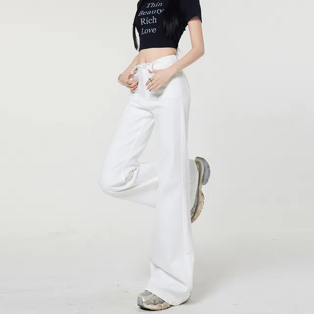人本 辣妹宽松拖地喇叭裤美式纯色高腰休闲时尚显瘦百搭牛仔裤 女款