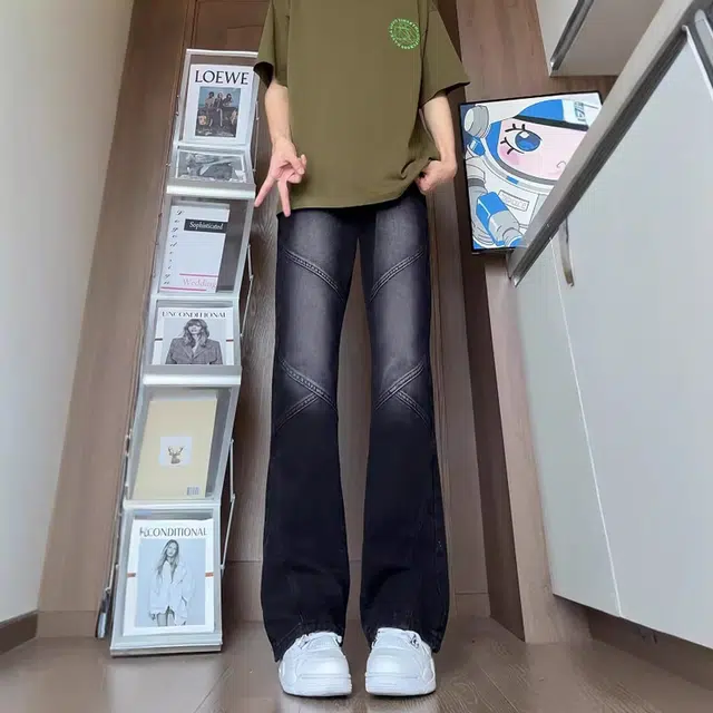 人本 磨白做旧耐磨水洗拼接设计微喇叭长裤青少年文艺校园青春休闲百搭牛仔裤 男女同款 黑色