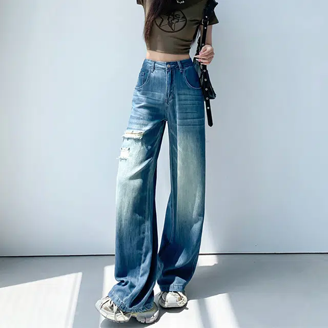 人本 美式复古水洗时尚休闲舒适阔腿拖地破洞宽松垂感直筒牛仔裤 女款