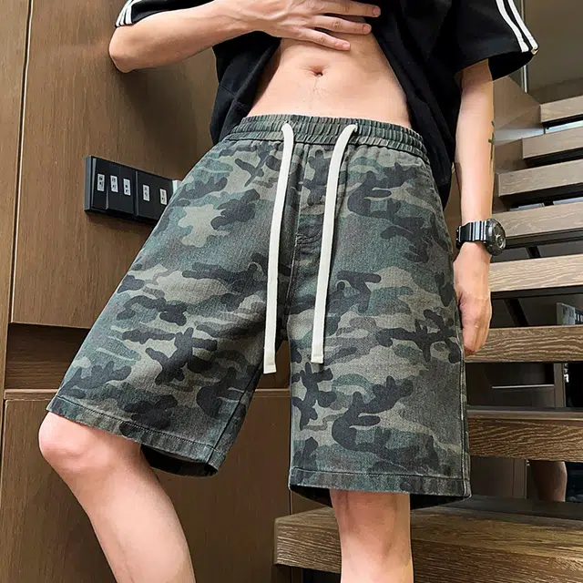 人本 高街迷彩松紧腰系带五分裤子系带军旅风宽松直筒美式牛仔短裤 男女同款