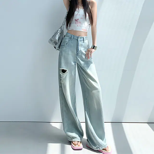 人本 美式复古水洗时尚休闲舒适阔腿拖地破洞宽松垂感直筒牛仔裤 女款