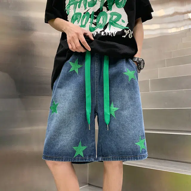 人本 刺绣星星松紧腰系带百搭五分裤拼接设计牛仔短裤 男女同款