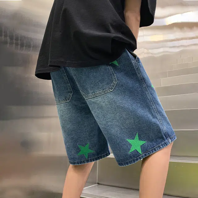 人本 刺绣星星松紧腰系带百搭五分裤拼接设计牛仔短裤 男女同款