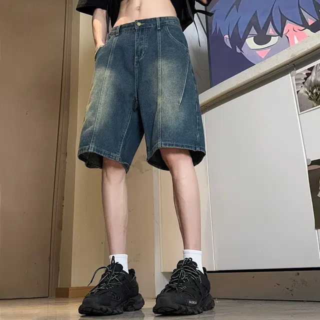 人本 美式高街水洗磨白复古直筒裤子拼接五分宽松直筒牛仔短裤夏季 男女同款 怀旧蓝