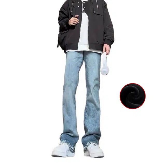 人本 复古美式街头垂感微喇叭长裤黄泥染废土风弯刀裤显高显瘦潮流加绒加厚保暖御寒牛仔裤 男女同款 蓝色