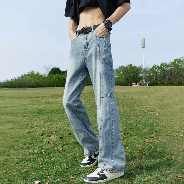 人本 简约拼接校园通勤直筒裤子微喇显瘦水洗长裤子牛仔裤夏季 男女同款 蓝色