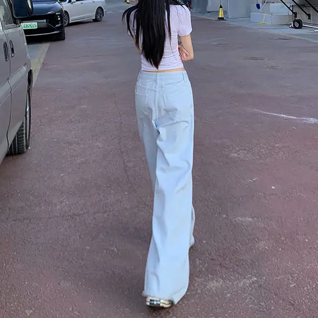 人本 时尚百搭复古水洗裤子甜美清新纯色高腰设计显瘦街头宽松直筒阔腿牛仔裤 女款