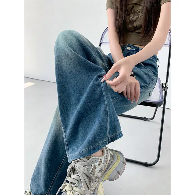 人本 美式复古水洗时尚休闲舒适阔腿拖地破洞宽松垂感直筒牛仔裤 女款