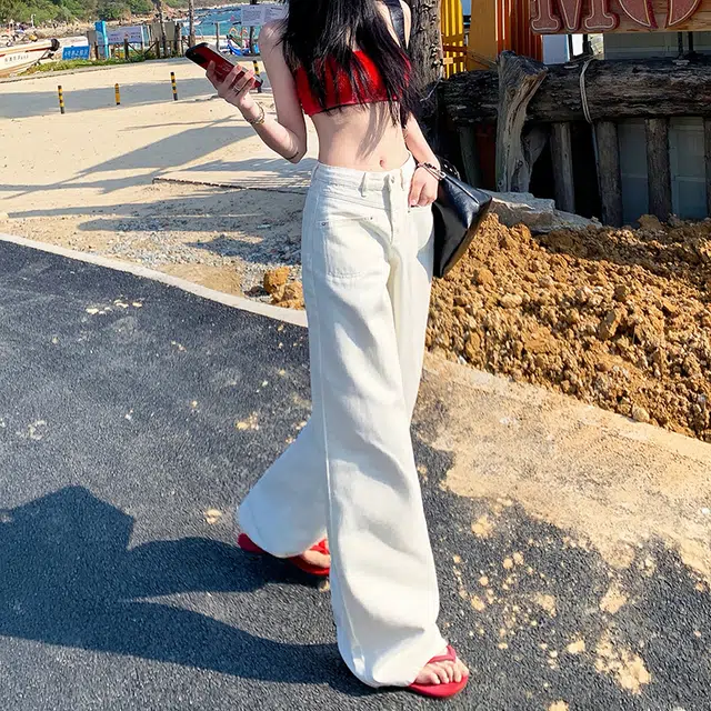 人本 美式复古高腰显瘦百搭时尚宽松舒适直筒垂感拖地牛仔裤 女款
