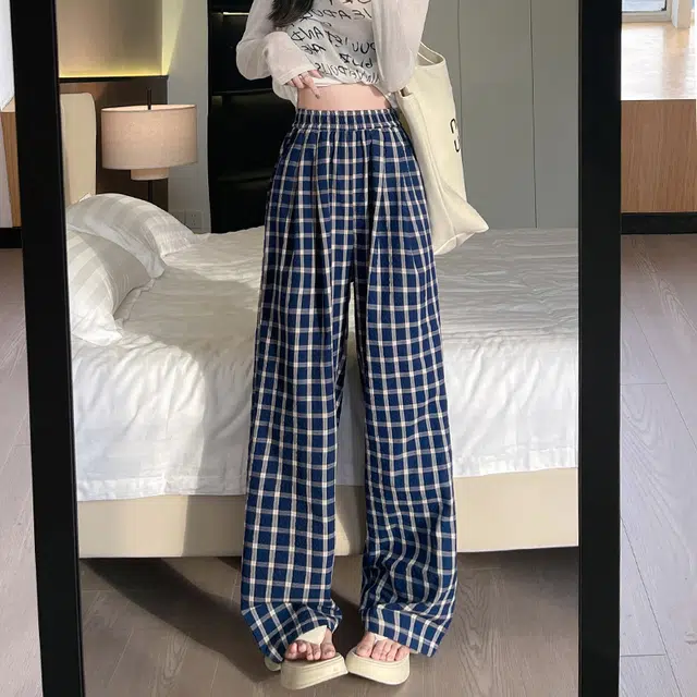 人本 美式复古辣妹街头格子宽松慵懒风格纹设计高腰垂感阔腿潮流时尚垂感良好舒适柔软休闲裤 女款