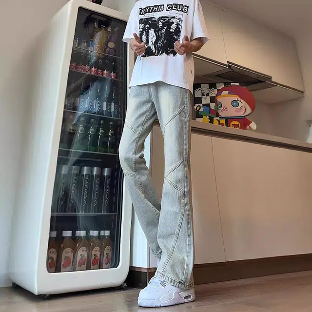 人本 磨白做旧耐磨水洗拼接设计微喇叭长裤青少年文艺校园青春休闲百搭牛仔裤 男女同款 黑色