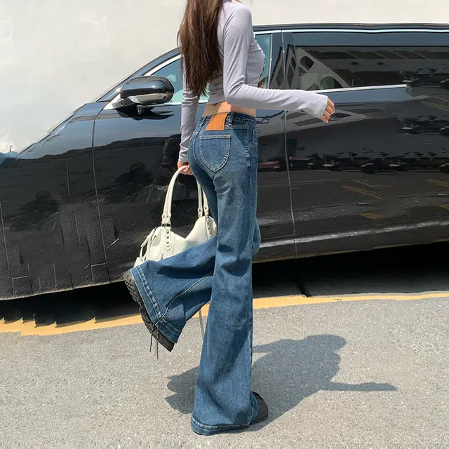 人本 美式辣妹复古风格舒适百搭弹力时尚直筒低腰拖地阔腿牛仔裤 女款