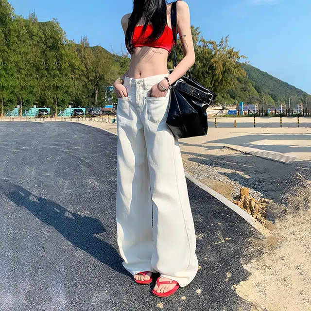 人本 美式复古高腰显瘦百搭时尚宽松舒适直筒垂感拖地牛仔裤 女款