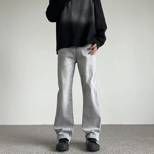 人本 复古纯色水洗怀旧美式高街休闲时尚长裤简约废土风百搭舒适直筒牛仔裤 男女同款 浅灰