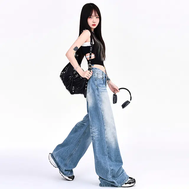 人本 美式百搭时尚做旧水洗折痕拖地显瘦宽松直筒阔腿裤牛仔裤 女款 蓝色