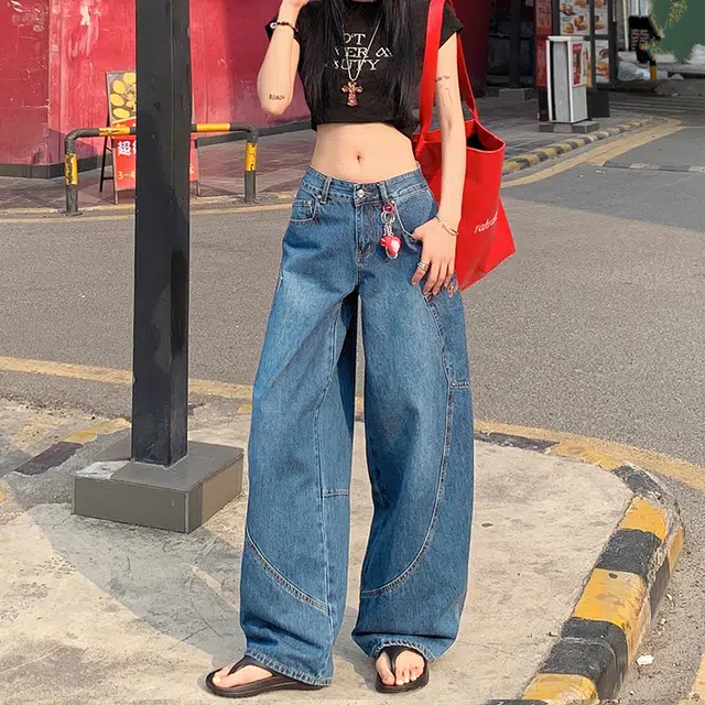 人本 美式复古舒适百搭弯刀字母刺绣拼接宽松休闲时尚高腰显瘦阔腿牛仔裤 女款