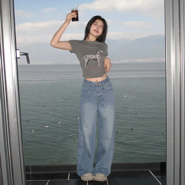 人本 美式复古水洗高腰宽松百搭休闲显瘦垂感直筒通勤时尚简约牛仔裤 女款