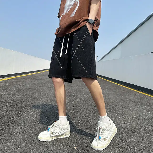 人本 松紧腰系带拼色度假休闲舒适五分裤百搭裤子牛仔短裤 男女同款