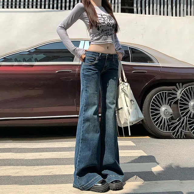 人本 美式辣妹复古风格舒适百搭弹力时尚直筒低腰拖地阔腿牛仔裤 女款