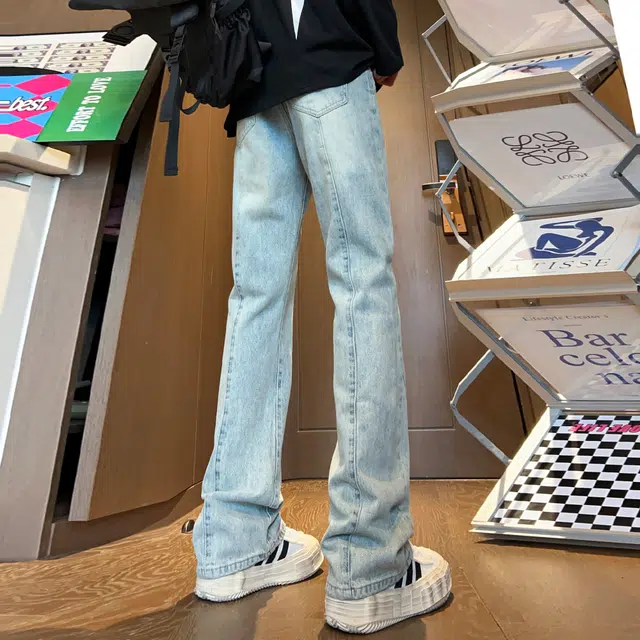 人本 休闲外出水洗磨白拼接长裤子街头百搭复古合身直筒牛仔裤夏季 男女同款 黄泥色