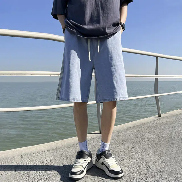 人本 高街裤子侧边拼接条纹直筒五分裤纯色松紧腰系带简约文艺百搭牛仔短裤夏季 男女同款