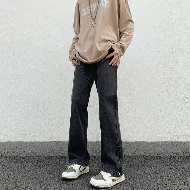 人本 高街男裤 拼接直筒微喇长裤子裤脚开叉拉链设计水洗复古蓝牛仔裤夏季 男女同款