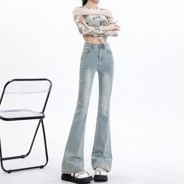 人本 美式复古水洗微喇显瘦长裤时尚高腰修身百搭休闲小个子牛仔裤 女款