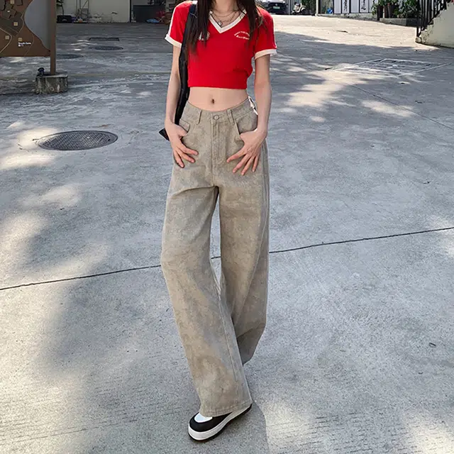 人本 美式百搭宽松休闲直筒裤复古废土风扎染阔腿牛仔裤 女款