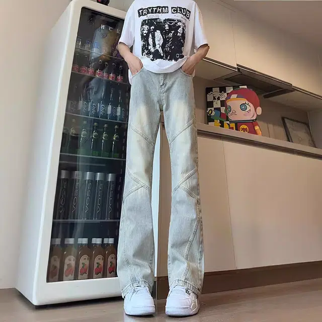 人本 磨白做旧耐磨水洗拼接设计微喇叭长裤青少年文艺校园青春休闲百搭牛仔裤 男女同款 黑色