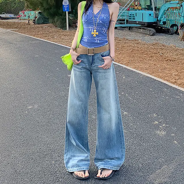 人本 美式复古水洗显瘦直筒垂感折痕宽松阔腿牛仔裤 女款