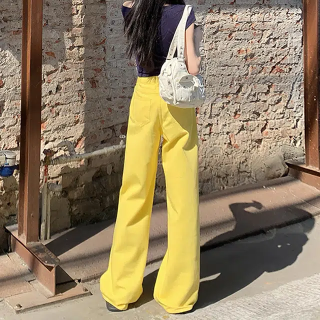 人本 时尚百搭复古水洗裤子甜美清新纯色高腰设计显瘦街头宽松直筒阔腿牛仔裤 女款