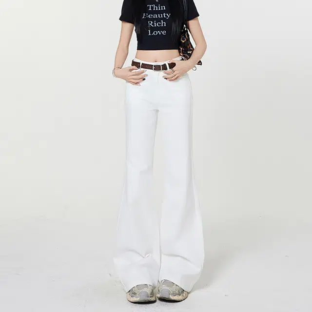 人本 辣妹宽松拖地喇叭裤美式纯色高腰休闲时尚显瘦百搭牛仔裤 女款