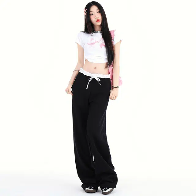 人本 高腰舒适纯色抽绳花边直筒宽松长裤休闲裤 女款 黑色