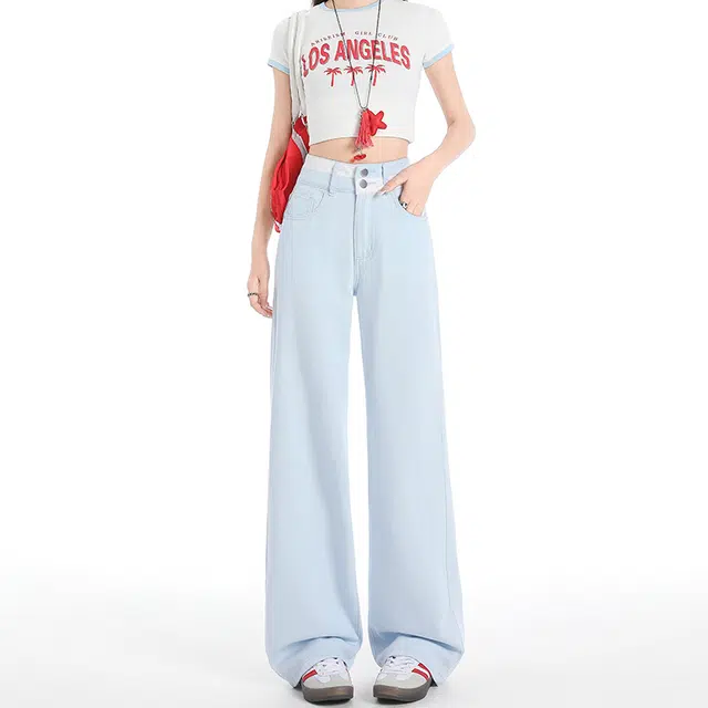人本 时尚百搭显瘦垂感梨形身材宽松拖地裤刺绣高腰阔腿牛仔裤 女款