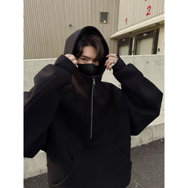 悍戈 美式复古高街风宽松半拉链设计休闲百搭学院风简约氛围感连帽拼接纯色潮流长袖时尚卫衣 男女同款