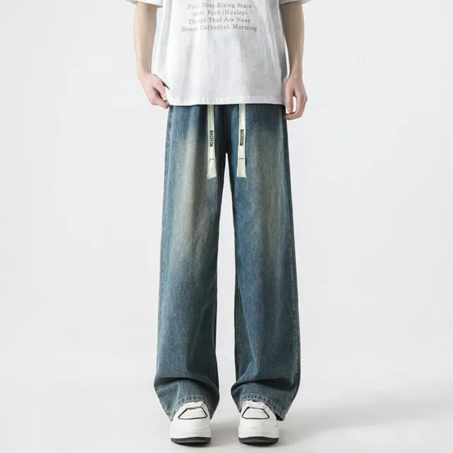 大卫贝肯 夏季冰丝男透气薄款美式高街百搭水洗慵懒风宽松直筒牛仔裤 男女同款