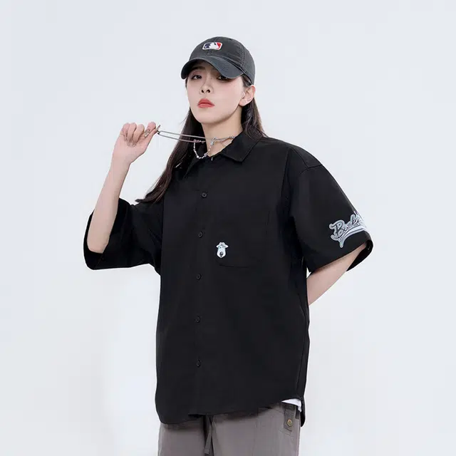 大卫贝肯 卡通倒霉熊字母印花贴袋落肩宽松休闲短袖衬衫 男女同款