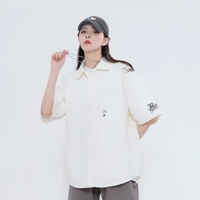 大卫贝肯 卡通倒霉熊字母印花贴袋落肩宽松休闲短袖衬衫 男女同款