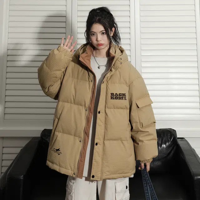 大卫贝肯 美式高街学院风宽松休闲连帽保暖设计感面包羽绒服 男女同款