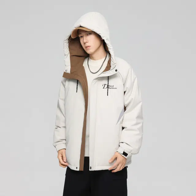 大卫贝肯 美式复古潮流时尚字母印花休闲宽松保暖防风面包服纯色连帽羽绒服 男女同款 黑色