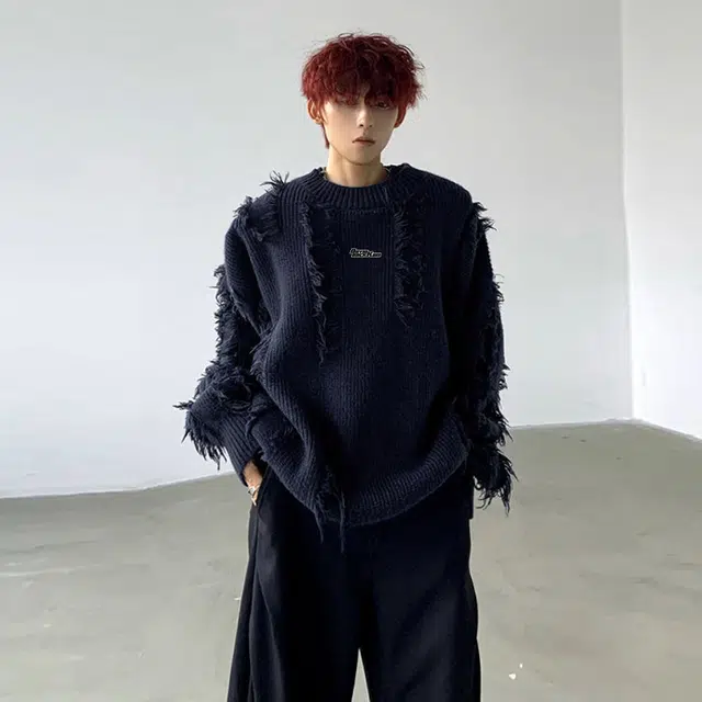 大卫贝肯 美式复古破洞秋冬流苏字母印花针织小众穿搭慵懒休闲宽松设计感高级感圆领落肩套头长袖毛衣 男女同款