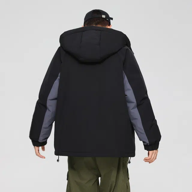 大卫贝肯 美式复古潮流时尚字母印花休闲宽松保暖防风面包服纯色连帽羽绒服 男女同款 黑色
