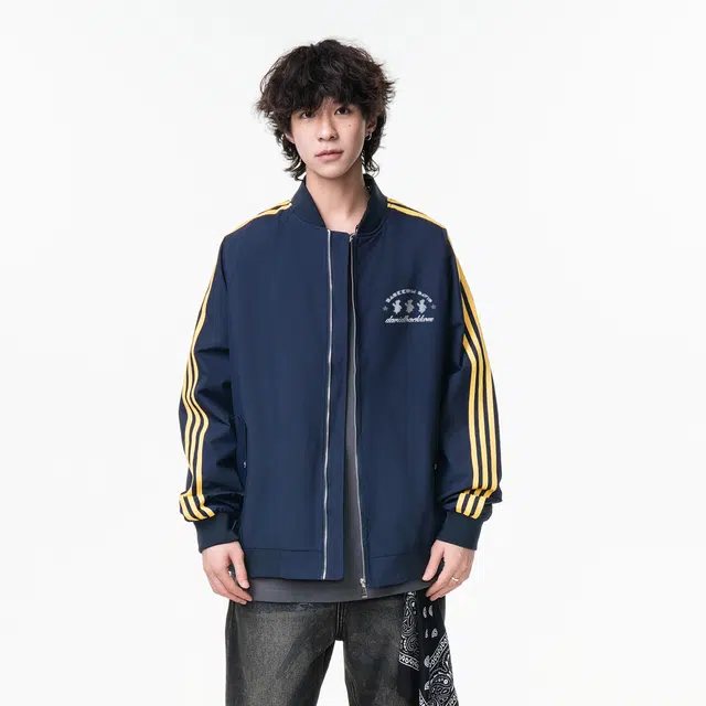 大卫贝肯 美式街头侧边拼色三条杠条纹设计棒球领户外机能休闲宽松百搭痞帅飞行员教练夹克外套 男女同款