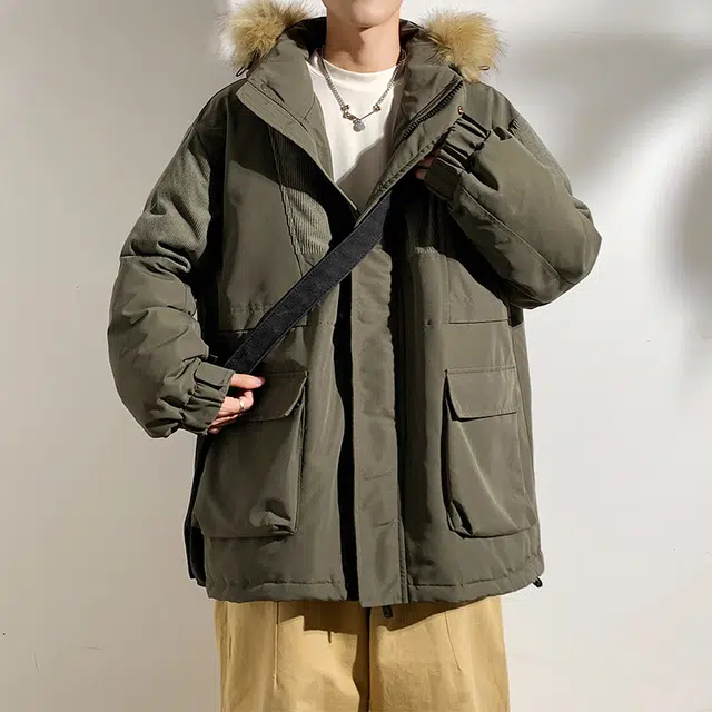 大卫贝肯 美式复古高街设计感宽松休闲撞色加厚保暖连帽毛领防寒棉服 男女同款