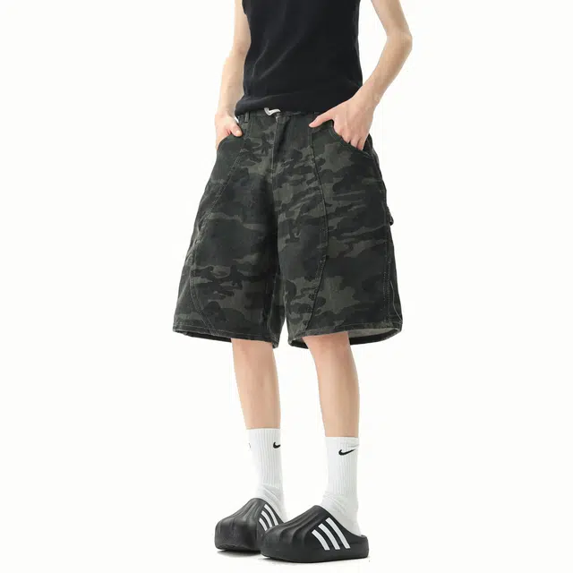 大卫贝肯 美式复古高街水洗迷彩解构伐木高级透气宽松直筒运动休闲百搭五分裤工装短裤 男女同款