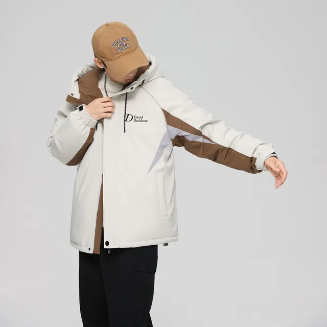 大卫贝肯 美式复古潮流时尚字母印花休闲宽松保暖防风面包服纯色连帽羽绒服 男女同款 黑色