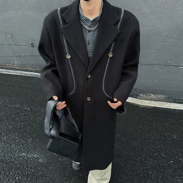 大卫贝肯 韩系纯色基础长款过膝美拉德宽松舒适分割设计弧形结构保暖外套英伦百搭落肩翻领毛呢大衣 男女同款