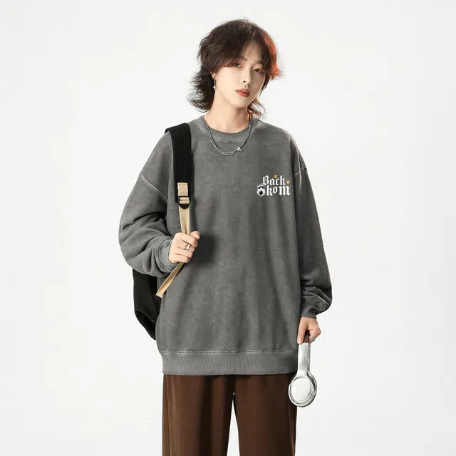 大卫贝肯 美式复古休闲宽松向日葵字母印花宽松百搭纯棉圆领脏脏卫衣 男女同款
