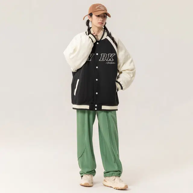 大卫贝肯 美式复古硅胶刻字膜宽松休闲保暖防寒棒球领羽绒服 男女同款 黑色