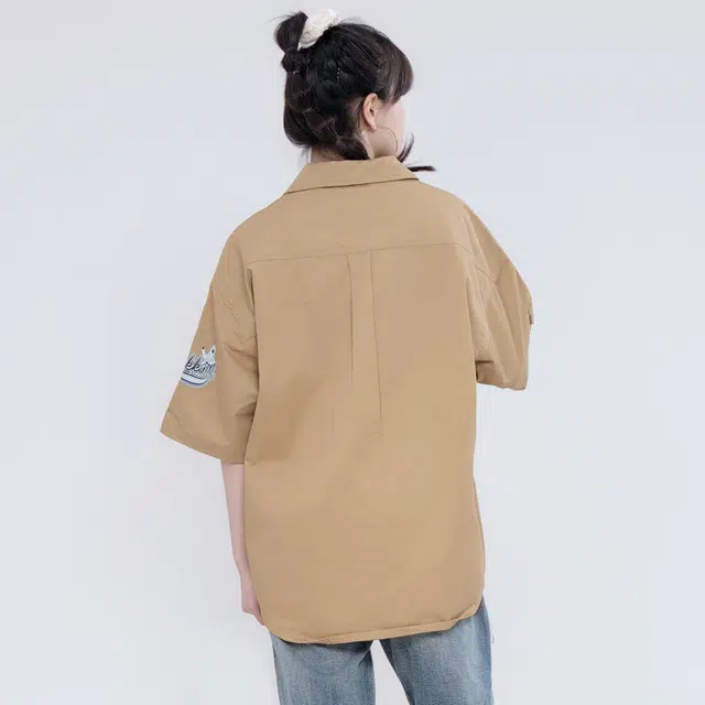 大卫贝肯 卡通倒霉熊字母印花贴袋落肩宽松休闲短袖衬衫 男女同款